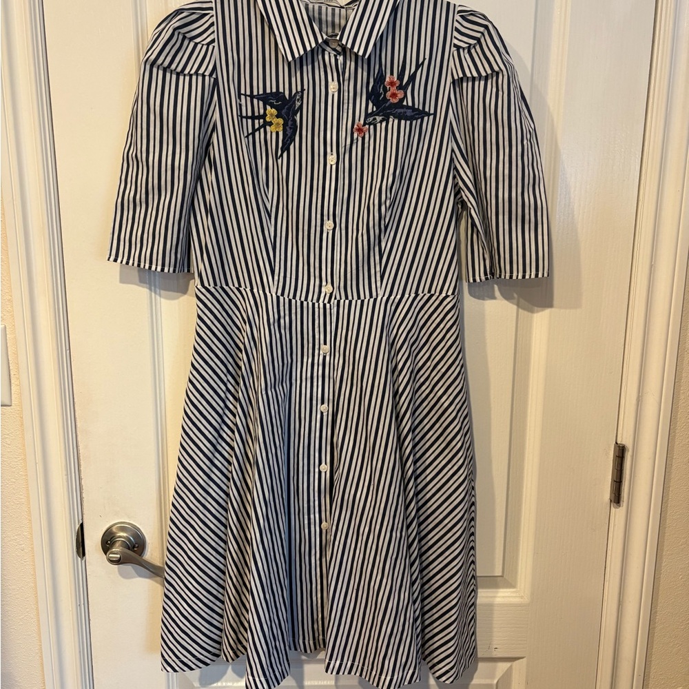 Striped Button-Down Dress with Embroidered Details.